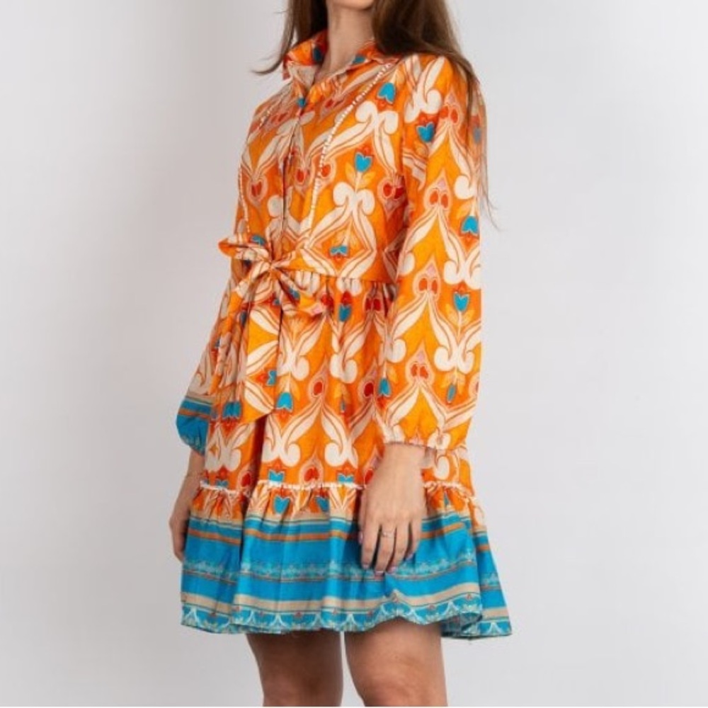 Kasia Patterned Belted Shirt Dress Orange/Blue
